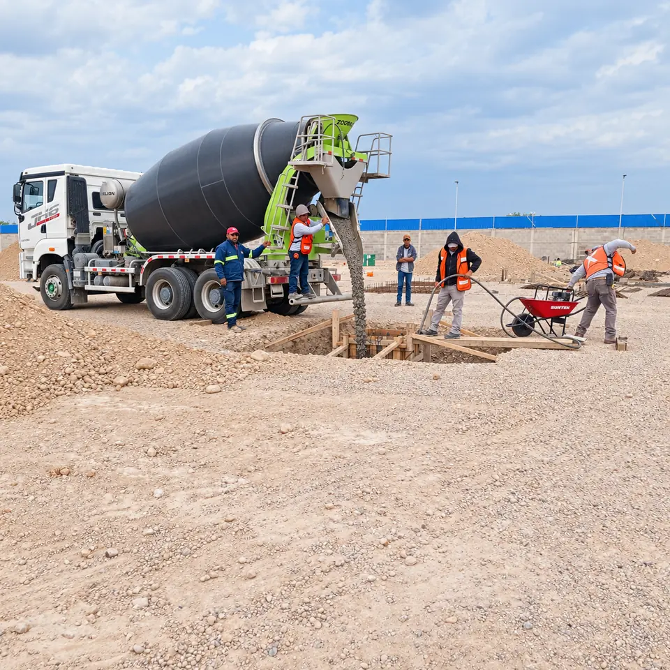 Cuadrilla recibiendo concreto de una unidad mezcladora de ACBSA